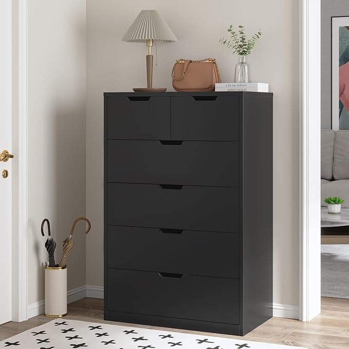 HAUOMS Tall 6 Drawer Dresser, Black Modern Chest of Drawers for Bedroom,Closet Dressers with Drawers for Living Room, Entryway, Hallway