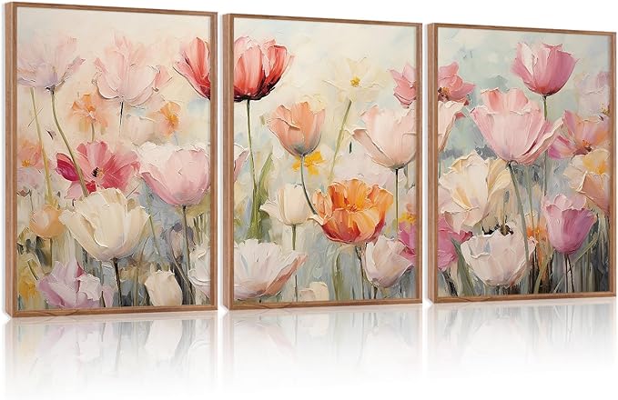 HPNIUB Large Nature Wildflowers Framed Wall Art Pink Floral Canvas Oil Painting Modern Aesthetic Wall Decor Abstract Flower Artwork for Living Room Bedroom Decor(Set of 3,12X16 Inch)