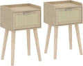 LAATOOREE Nightstand Set of 2, Small Bedside Table, End Table with Rattan Door, Boho Side Table with Solid Wood Legs for Bedroom Living Room Small Space