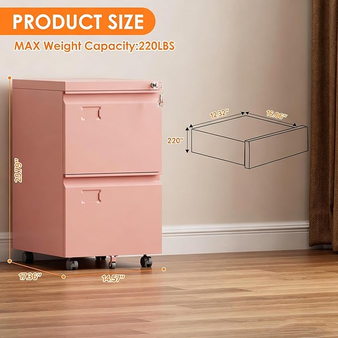 METAN 2 Drawer Metal File Cabinet with Lock, Mobile Rolling Filing Cabinet for Home Office, Under Desk Storage Holds Letter & Legal Size, Anti-Tilt, 17.32"D x 14.56"W x 25.6"H, Pink, Assembly Required