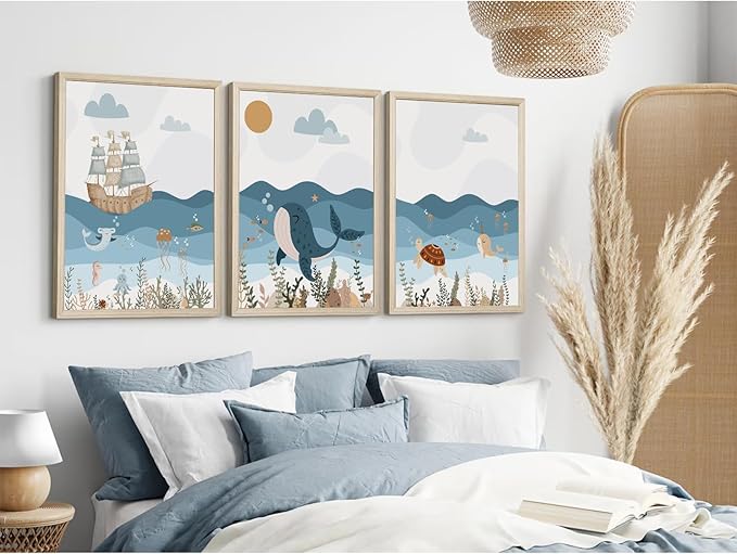 Ocean Nursery Wall Art Pictures Blue Nautical Canvas Art Beach Animal Wall Decor Baby Boys Room Wall Art Sea Whale Prints Ocean Nautical Poster for Nursery Baby Room 16x24 Inch Set of 3 Wood Framed