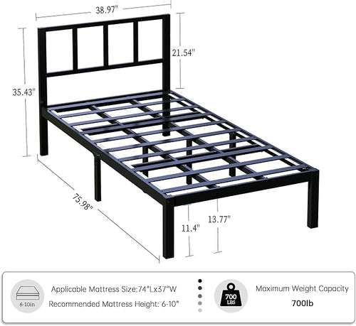 14 Inch Bamboo Bed Frame – Solid Wood Platform Bed Frame, Strong and Stable, with Non-Slip Slats for Support, No Box Spring Needed, Easy to Assemble, Noise-Free (Black, Twin with Headboard)