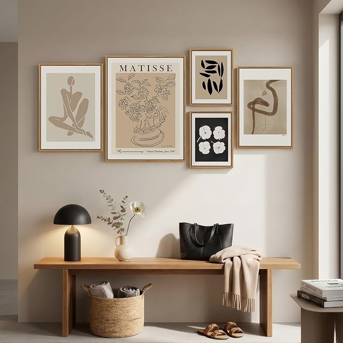 Large Framed Matisse Abstract Wall Art Set of 5, Neutral Beige Modern Minimalist Geometric and Botanical Canvas Prints for Living Room Bedroom Hallway Home Office