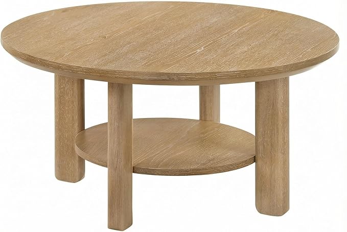 Furnifact Light Oak Round Wood Coffee Table Transitional Design, Durable Leveler, Plastic Glide, 200 lbs Capacity, Stylish 36-Inch Surface
