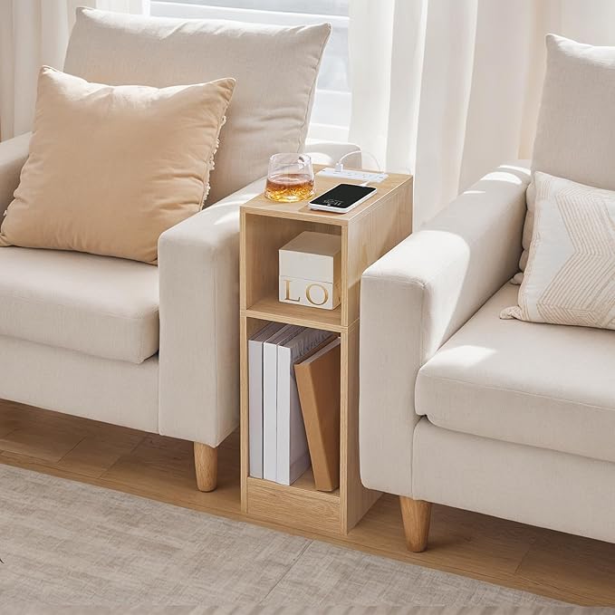 MAHANCRIS Narrow Nightstand with LED Light, Narrow End Table with Charging Station, Skinny Bedside Table for Small Spaces, Mid Century Modern Night Stand for Bedroom, Living Roon, Natural ETNA30E01