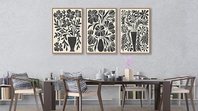 arteWOODS Botanical Framed Wall Art - Neutral Abstract Pictures Vintage Boho Floral Wall Decor Black Beige Minimalist Prints Aesthetic Vase Flowers Painting Artwork 16" x 24" Set of 3 Natural Framed