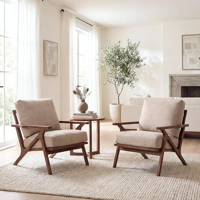 chairus Mid-Century Modern Accent Chairs Set of 2, Comfy Upholstered Lounge Armchairs with Removable Cushions & Solid Wood Frame, Reading Chairs for Living Room Bedroom Office, Beige Denim Fabric