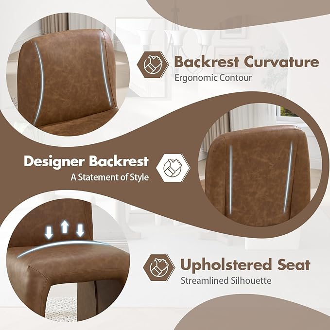 Hyfirm Mid-Century Modern Brown Faux Leather Desk Chair No Assembly Required | Fully Upholstered Armless Accent Chair with Metal Footrest, Comfy Side Chairs for Kitchen, Livingroom, Home Office, Study