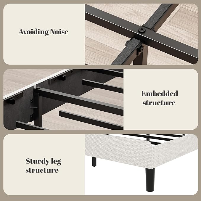 Queen Bed Frame with Extra Tall 55.5" Wingback Headboard, White Boucle Upholstered Platform Bed Frame, Modern Cloud Bed, Noise-Free, Metal Slats Support, No Box Spring Needed