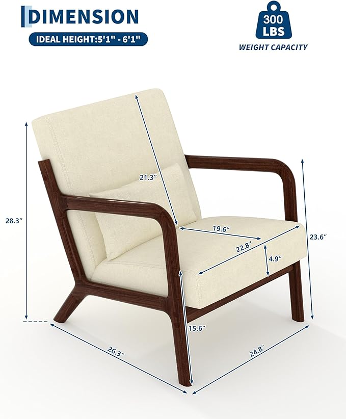 Garvee Mid-Century Chenille Accent Chair, Cozy Reading Chair, Modern Lounge Armchair with Lumbar Pillow, Solid Wood Frame, for Living Room, Bedroom, Office, Beige