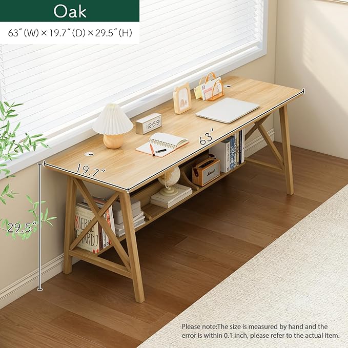NELYE Extra Long Desk with Bookshelf - Wooden Home Office Work Study Table, 2-Person Writing Computer Workstation with Storage Shelf in Oak, 63" Wx20 Dx30 H
