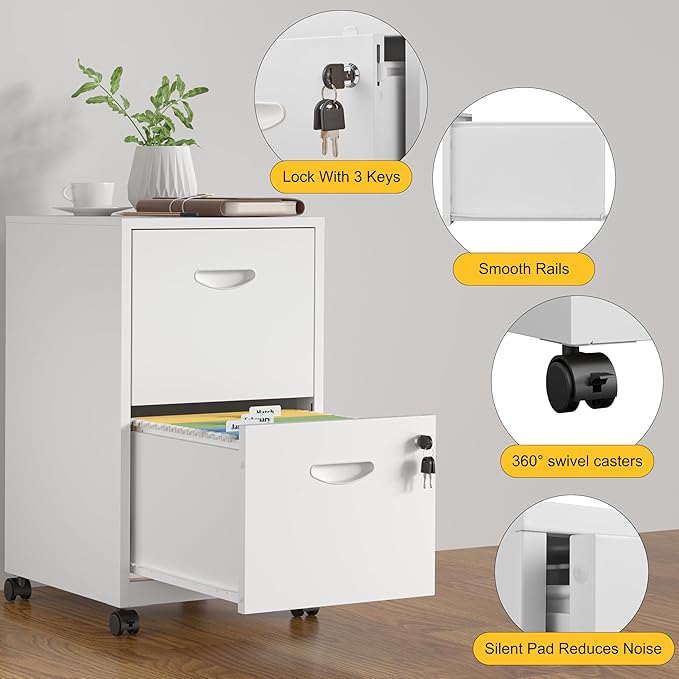 SteeLoong 2 Drawer File Cabinet with Lock，White Rolling File Cabinet for Home Office, Metal Small Mobile Filing Cabinets on Wheels for Hanging Letter