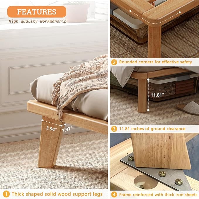 NELYE California-King Platform Bed Base - 14 Inch Solid Wood Mattress Foundation with Support Slats and Legs, California King Size Rubberwood Simple Bed Frame