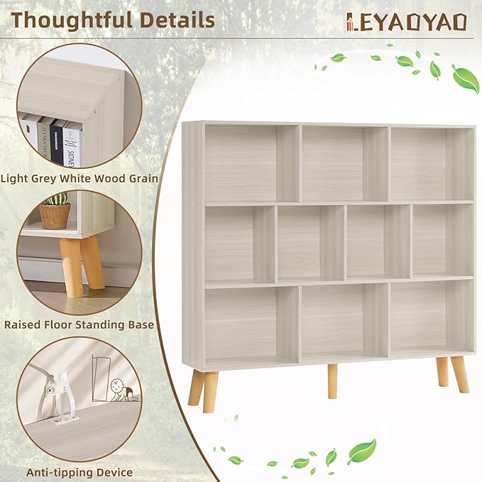 LEYAOYAO 10 Cube Bookshelf,3 Tier Modern Wide Bookcase with Legs,Mid-Century Wood Bookshelves Storage，Light Grey White Large Book Case,Freestanding Organizer Display Shelf for Living Room,Office