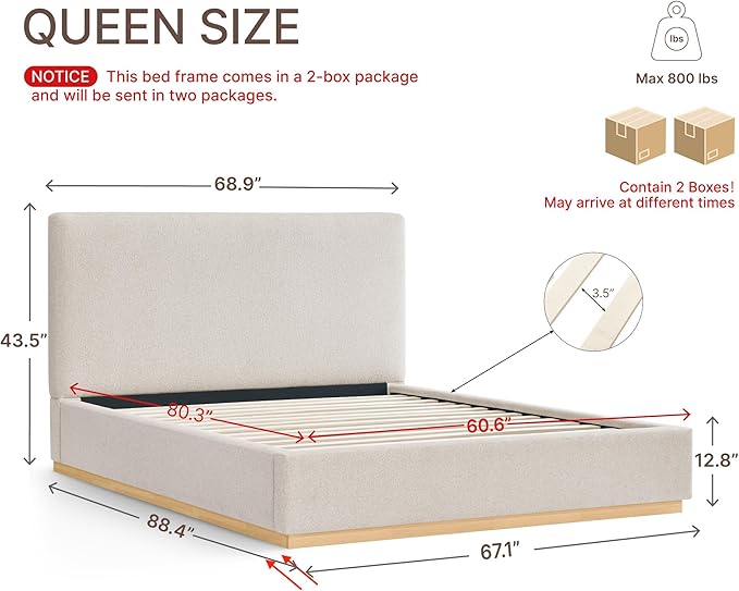 KISLOT Upholstered Queen Size Bed Frame, Boucle Fabric Platform Bed Mattress Foundation Noise-Free No Box Spring Needed Easy Assembly