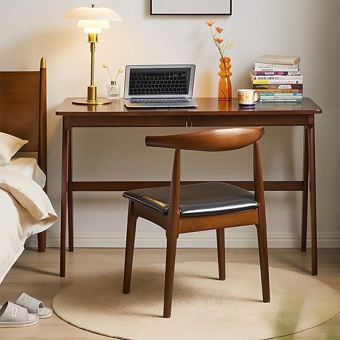 Computer Desk with Drawers, Solid Wood Writing Desk, Mid Century Modern Home Office Desks, Oak Study Table, Small Desk for Bedroom, 29.1 H x 39.4 W x 21.7 D Inches, Walnut