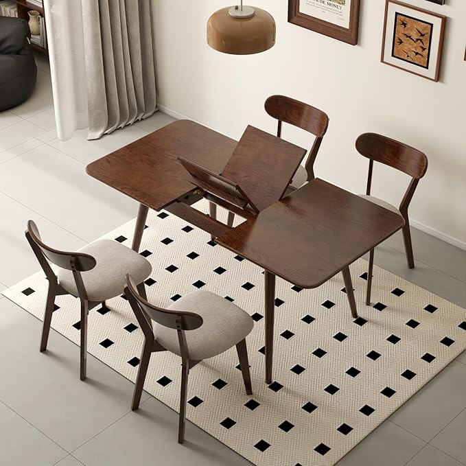 47’’-63’’ 100% Oak Extendable Dining Table and Chairs Set for 4, Solid Wood Folding Kitchen Table, Mid Century Modern Dinner Table for Kitchen, Apartment, Living Room (47''-63''+4 Cushion Chairs)