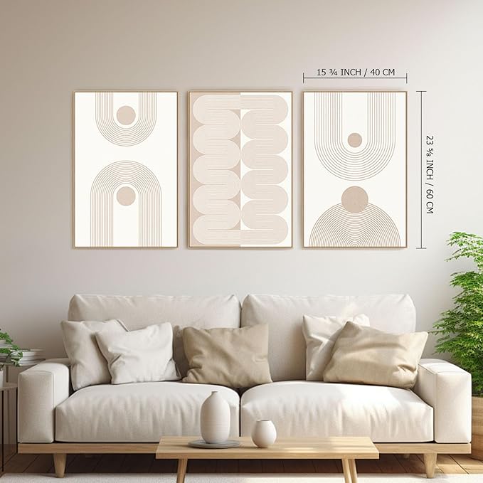 SAFERRYHOME Boho Abstract Wall Art Set of 3, Mid Century Neutral Framed Canvas Print Beige Modern Wall Decor, Geometric Line Artwork for Living Room Bedroom Office,Ready to Hang, 16"x24"
