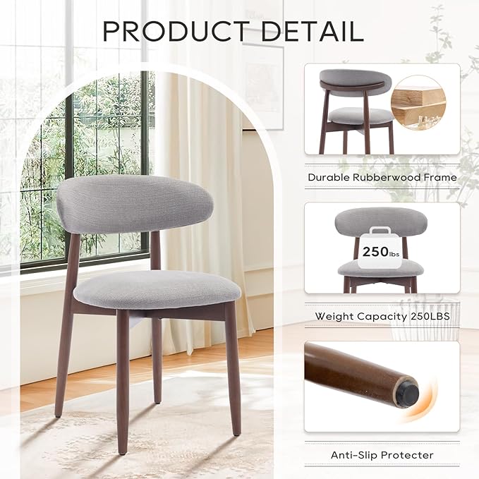 COLAMY Wooden Dining Chairs Set of 4, Modern Fabric Upholstered Dining Room Chair, Farmhouse Kitchen Chair with Foot Pegs, Light Grey