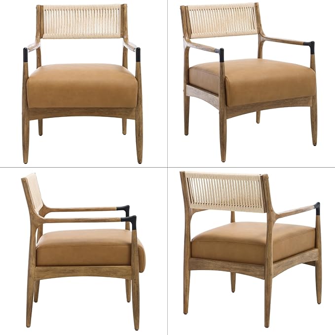 Ya-Home Mid-Century Modern Accent Chairs with Woven Rope Back, Upholstered PU Leather Armchairs with Solid Wood Frame for Living Room Bedroom,2PCS, Brown