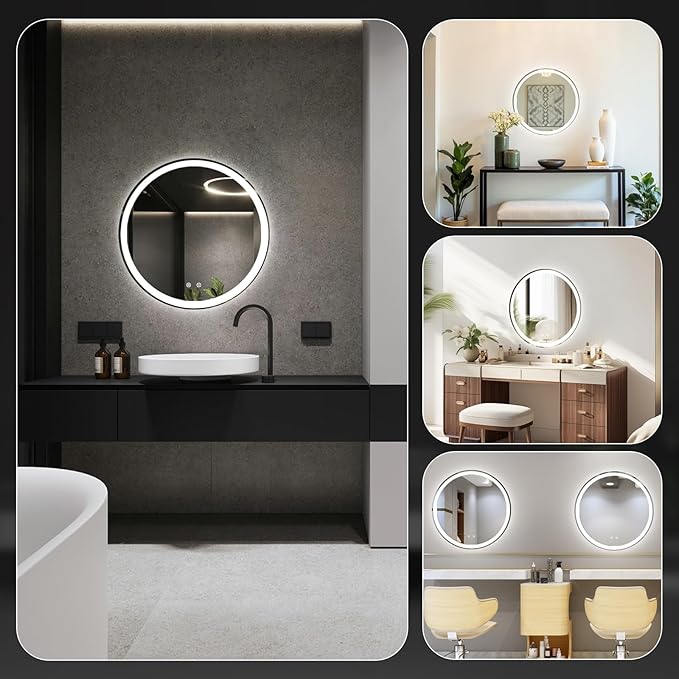 NEWBULIG 28 Inch Round LED Bathroom Wall Mirror with Lights, Light up Vanity Bathroom Mirror for Over Sink, Anti-Fog and Dimmable, Front Light and Backlit, Memory Function, Shatter-Proof, White