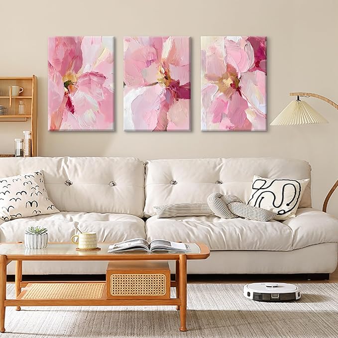Abstract Floral Wall Art Pink Flower Canvas Pictures Modern Wall Decor Blush Pastel Pink Prints Peony Painting Minimalist Poster Botanical Artwork for Bedroom Living Room 12x16x3 Inch Ready to Hang