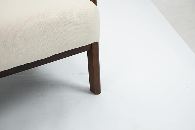 KEIKI Mid Century Modern Accent Chair Wood Frame, Cotton Linen Modern Minimalist Armchair for Small Spaces Living Room Bedroom Sunroom, Lounge Seat with Waist Cushion, Padded, Easy Setup, White