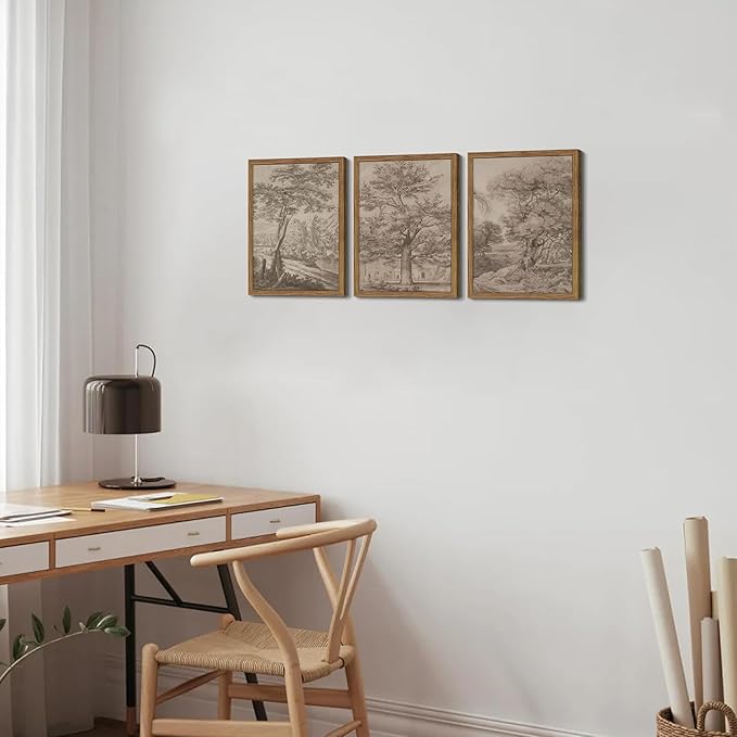 Vintage Landscape Framed Wall Art Set of 3, Neutral Nature Wabi Sabi Canvas Wall Decor Painting, Rustic Retro Botanical Tree Artwork Prints Pictures for Farmhouse Living Room Bedroom 12x16 Inch
