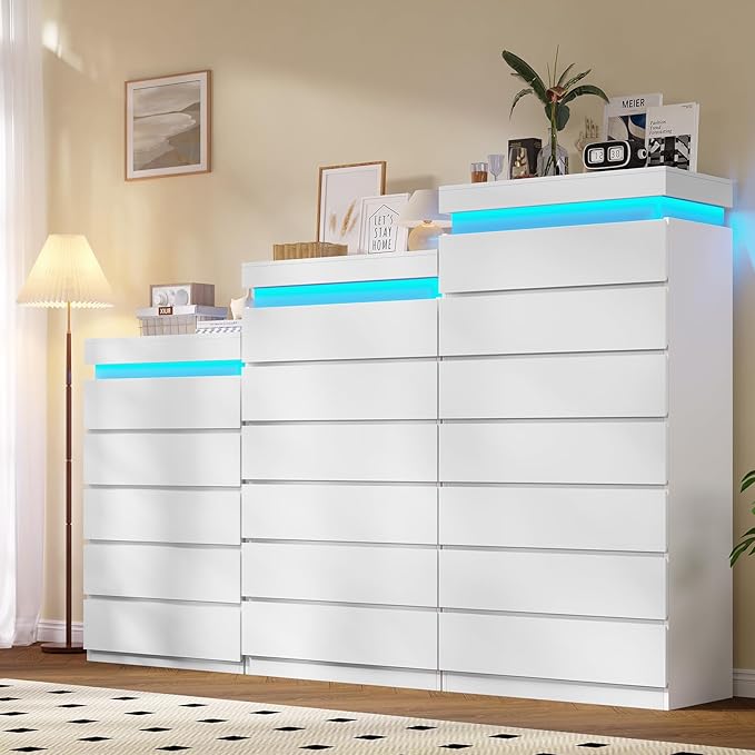 HAUOMS Tall 6 Drawer Dresser with LED Light, White Modern Chest of Drawers for Bedroom,Closet Dressers with Drawers for Living Room, Entryway, Hallway