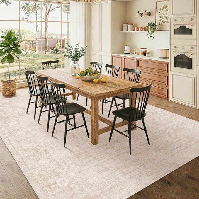 Homemate Washable Rug 8x10 Area Rugs - Vintage Faux Wool Rugs for Living Room Bedroom Dining Room - Non Slip Foldable Carpet Indoor Area Rug for Home Decor（8'x10', Beige