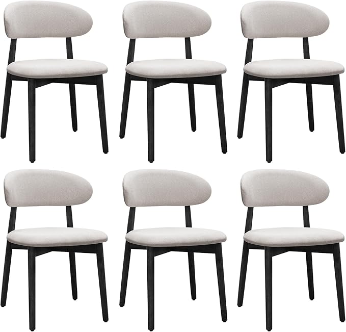 Farmhouse Dining Chairs Set of 6,Mid Century Modern Fabric Upholstered Kitchen Chairs,Wooden Dining Room Chair with Curved Back Black Leg for Kitchen Dining Room Restaurant Cafe,Linen Gray,Only Chairs