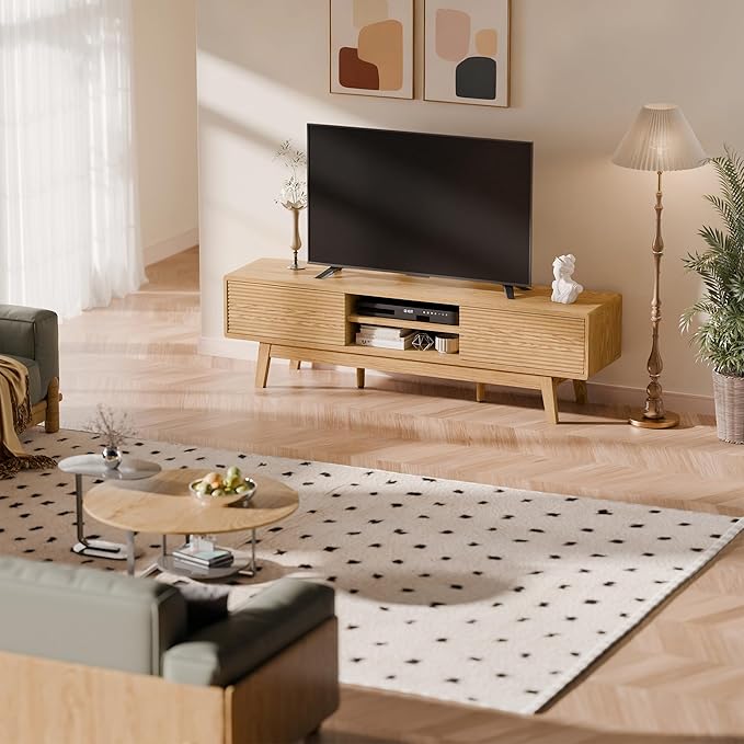 TOLEAD 59" Mid Century Modern TV Stand for TVs up to 65 Inch, Low Profile Entertainment Center with Fluted Sliding Doors & Storage, Wood TV Console Table for Living Room, Oak