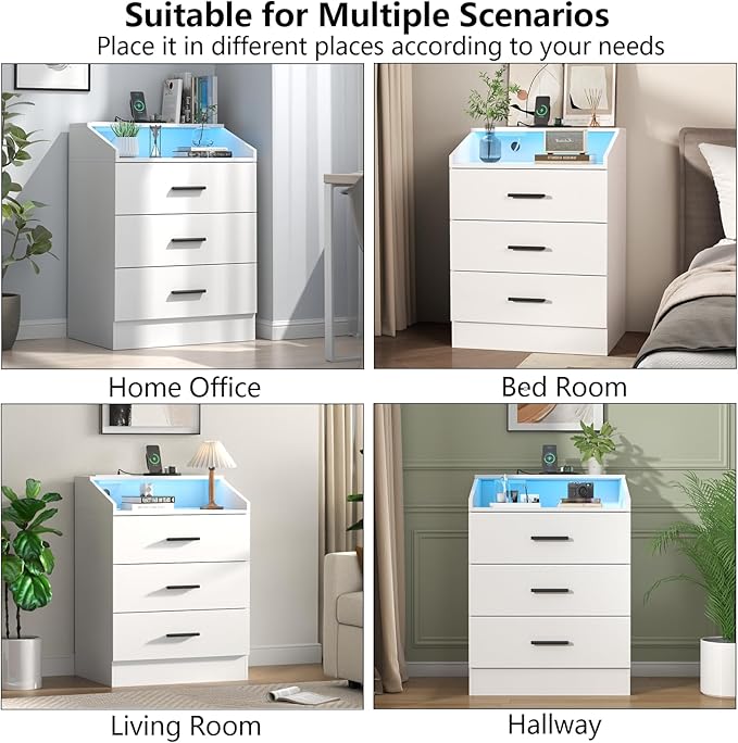 Gyfimoie 3 Drawers Dresser with Power Outlet, Chest of Drawers with LED Light, White Dresser Organizer with Open Storage Cubby, Modern Nightshatnd for Bedroom, Living Room, Entryway, Hallway