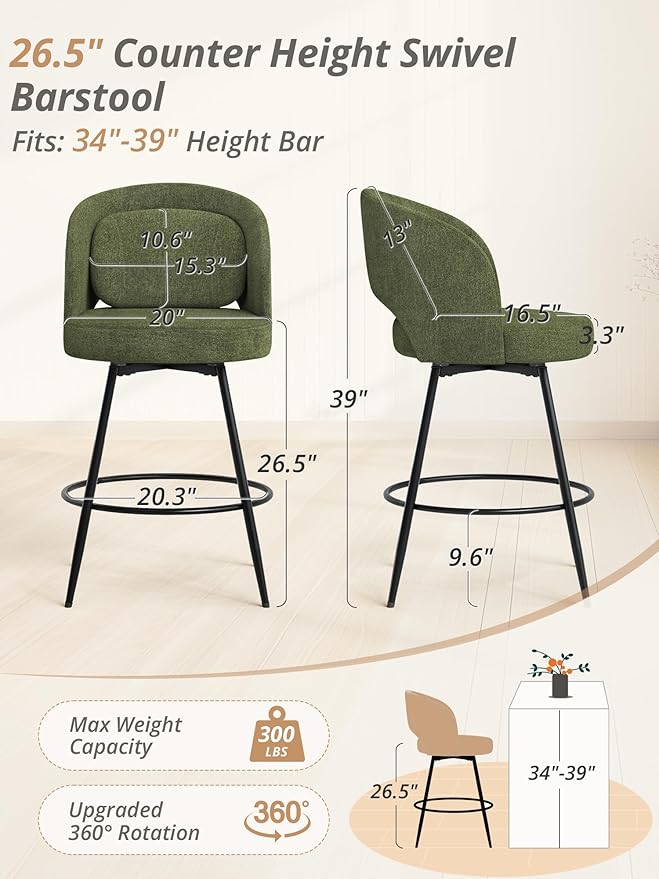 LUE BONA 26''H Swivel Bar Stools Set of 3, Counter Height Bar Stools with Backs, Lumbar Pillow and Black Metal Frames, Upholstered Morden Barstools for Kitchen Island, Chenille Farbic, Green