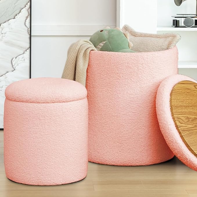 YSICK Round Ottoman with Storage, Set of 2, Small Vanity Stool as Vanity Chair, Sherpa Ottoman Foot Rest for Small Space, Living Room, Bedroom, Peach