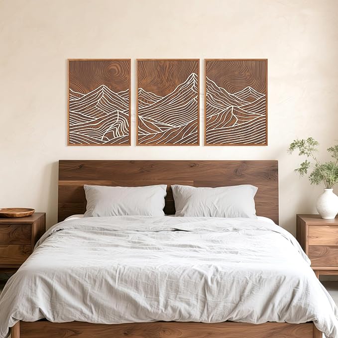 HPINUB Line Style Mountain Framed Canvas Wall Art, Vintage Tree Rings Wall Decor, Abstract Tree Spiral Wall Painting, Modern Nature Art Prints for Living Room,Bedroom,Farmhouse(Set of 3,12X16 Inch)