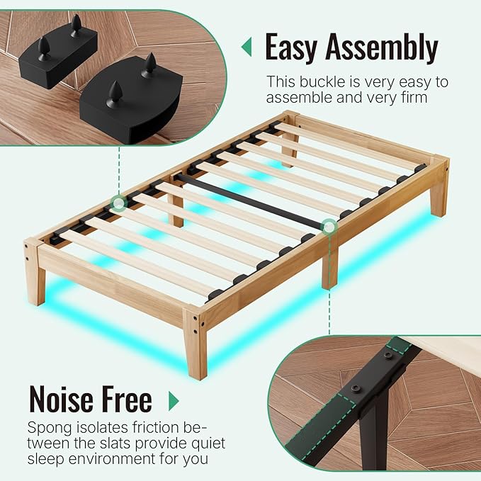 Twin Size Solid Wood Platform Bed with Led Light - Noise-Free Design with Metal and Wood Slat Support, No Box Spring Needed, Easy Assembly, Natural Wood Finish