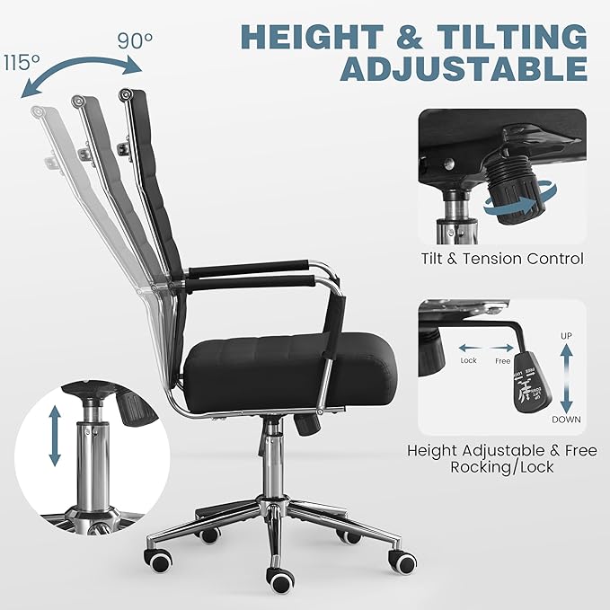 Office Desk Chair, Leather Conference Room Chairs with High Back,Wheels and Arms, Modern Ergonomic Ribbed Height Adjustable Swivel Executive Chair for Home Office (Black)