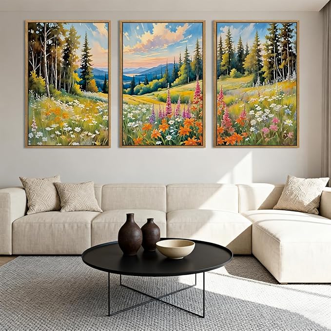 Anyzal Large Mountain Landscape Framed Wall Art 16x24 Inch Colorful Forest Floral Field Canvas Wall Decor Set of 3 for Living Room Bedroom Dining Room