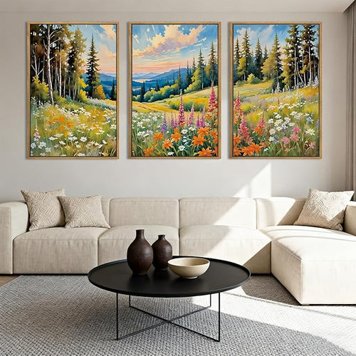 Anyzal Large Mountain Landscape Framed Wall Art 16x24 Inch Colorful Forest Floral Field Canvas Wall Decor Set of 3 for Living Room Bedroom Dining Room