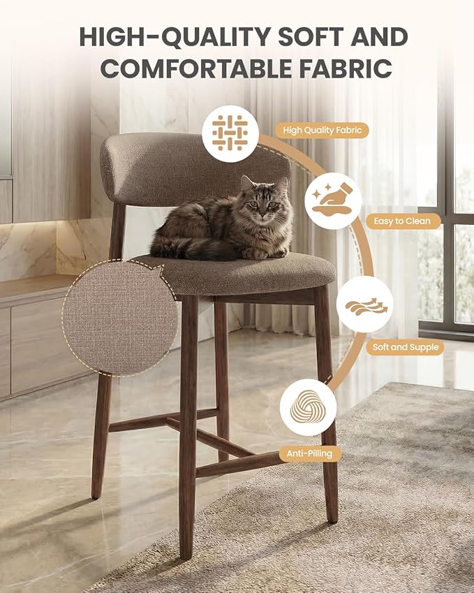Bar Stools Set of 4, 25.6″ Counter Height Bar Stools with Wood Legs, Upholstered Modern Kitchen Barstools for Kitchen Island Dining Room Bar, Camel