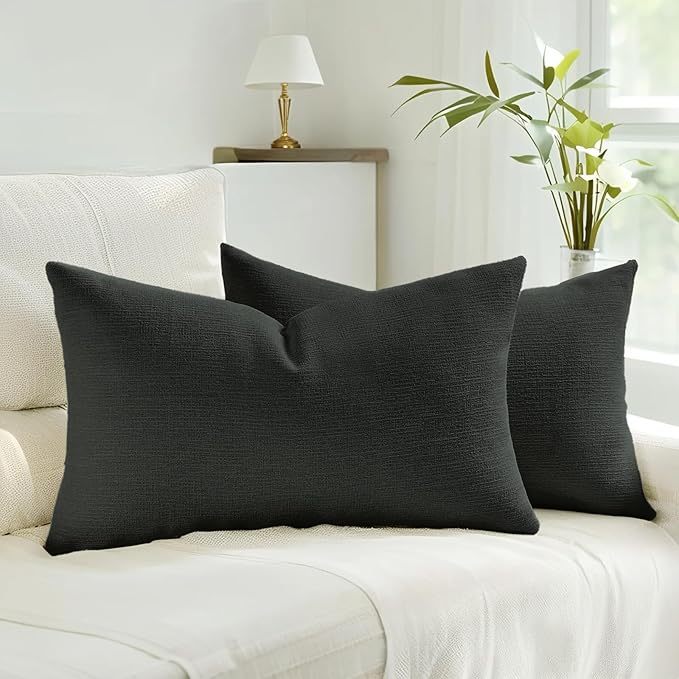 HAUSSY Black Throw Pillow Covers 12x20 Inch Set of 2,Boho Decorative Faux Linen Lumber Throw Pillows Cozy Farmhouse Accent Cushion Covers,Home Decor for Couch Sofa Bed Living Room