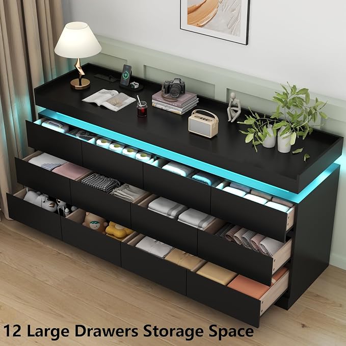 Gyfimoie 12 Drawer Dresser with Power Outlet, Dresser with LED Light, Modern Chest of Drawers for Closet, Double Wide Drawer Organizer Cabinet for Bedroom, Living Room (Black, 12 Drawers)