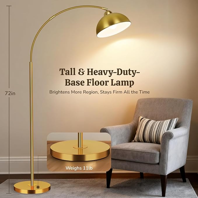 Arc Floor Lamps for Living Room, 72" Modern Tall Lamp with Remote Control and Stepless Dimmable 9W LED Bulb, Over Couch Arched Reading Lamp for Bedroom, Office(Gold)