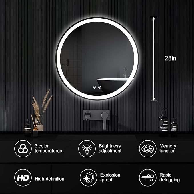 NEWBULIG 28 Inch Round LED Bathroom Wall Mirror with Lights, Light up Vanity Bathroom Mirror for Over Sink, Anti-Fog and Dimmable, Front Light and Backlit, Memory Function, Shatter-Proof, White
