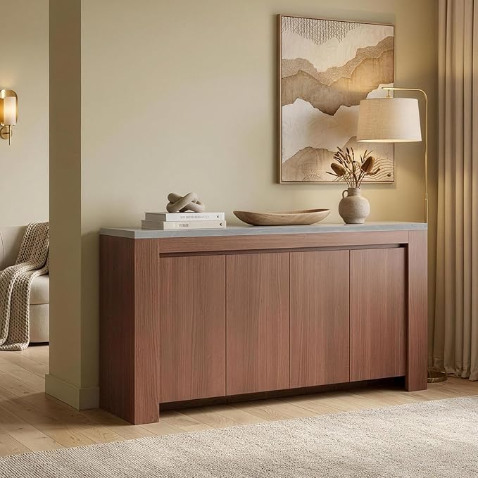 Buffet Cabinet with Storage, 63" Sideboard Buffet Accent Cabinet with Faux Marble Top & 4 Doors, Modern Buffet Table Credenza Cabinets for Living Room, Dining Room, Kitchen（Walnut）