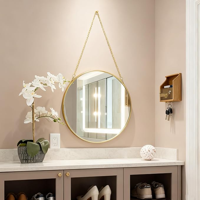 11.8-inch Modern Round Wall Mirror with Metal Frame and Hanging Chain, Suitable for Entryway, Hallway, or Bathroom Small Gold Metal Frame Mirror (Gold, 11.8 inch)
