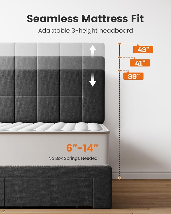 Pipishell Queen Bed Frame with 2 Storage Drawers, 12 Sturdy Legs, Solid Wooden Bed Base with Upholstered Headboard for 6″ to 12″ Mattresses, 1300 lbs High Weight Capacity, Easy Assembly, Dark Gray