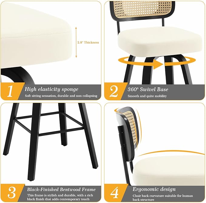 Bekrvio Swivel Bar Height Stools Set of 4, Upholstered Faux Leather Barstools with Rattan Back, 29" Seat Height Tall Bar Stools for Kitchen Counter, Black Wood Frame, Cream White