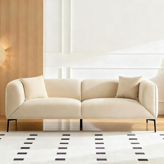 82.7" Modern Couch Upholstered Boucle Sofa Beige, 3 Seater Minimalist Curved Sofas with Metal Legs, Cozy Luxury Deep Seat Memory Foam Couches for Living Room Bedroom Home Office Apartment